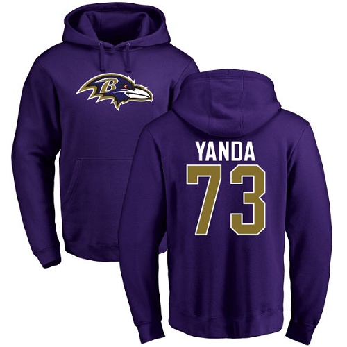 Men Baltimore Ravens Purple Marshal Yanda Name and Number Logo NFL Football #73 Pullover Hoodie Sweatshirt